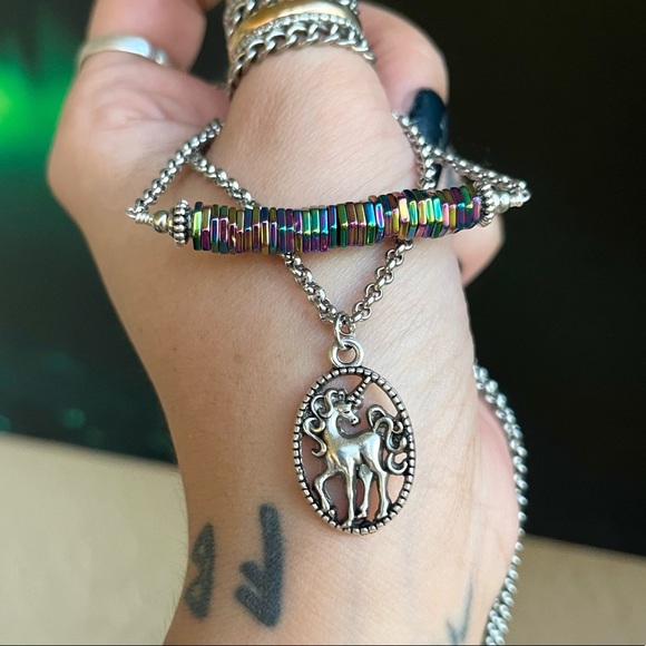 Double layer unicorn rainbow stones stainless steel adjustable choker necklace - Picture 12 of 14